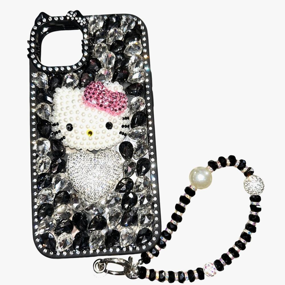 Hello Kitty Heart Bedazzled Black Pink Kawaii Phone Case Wrislet IPhone 14 Plus